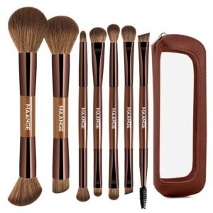 MAANGE 7 PCS Foundation Makeup Brush Set With Bag, Make up Brushes, Eyeshadow Concealer Brush, Double-ended Foundation Contour Powder Blush, Professional Face brush Set Tools For Liquid,Cream (Brown)